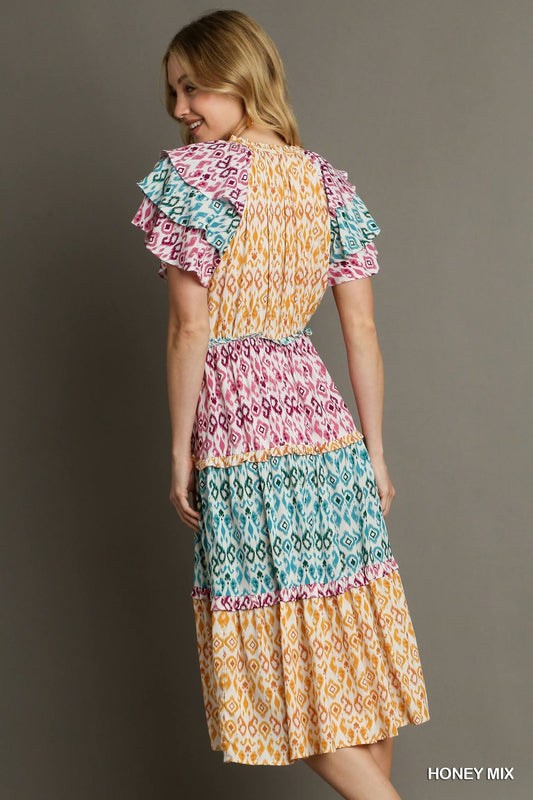 Mixed Aztec Print Midi Dress with Tassel Front Tie & Ruffle Sleeves.