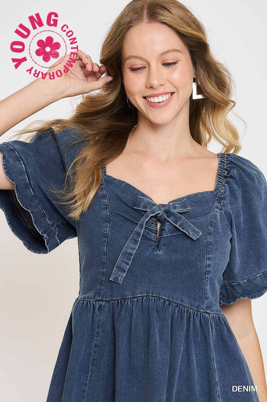 Denim Mini Dress with Scalloped Sleeves
