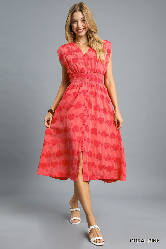 Smocked Waist Heart Print Midi Dress