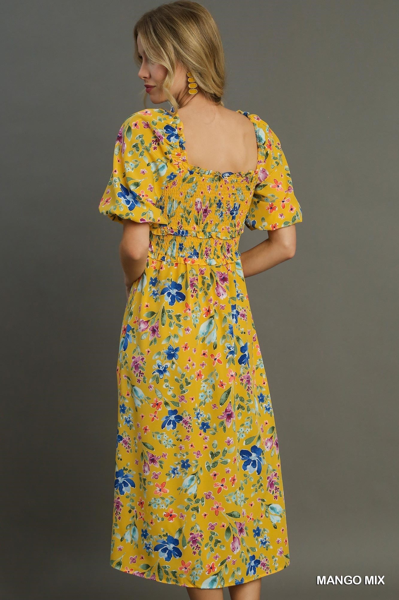 Floral Print 3/4 Puff Sleeve Smocked Detail Maxi Dress with Side Slit