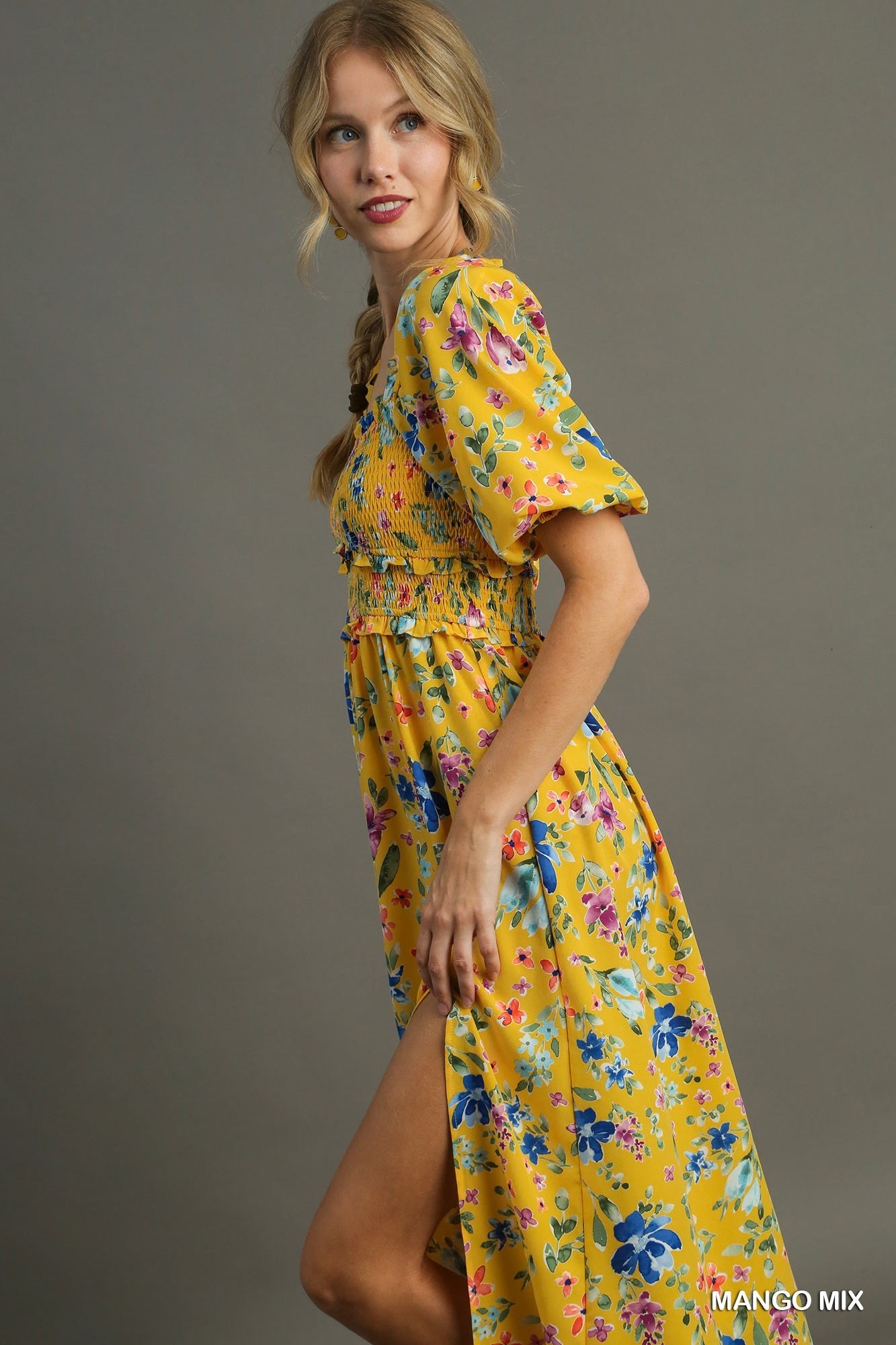 Floral Print 3/4 Puff Sleeve Smocked Detail Maxi Dress with Side Slit