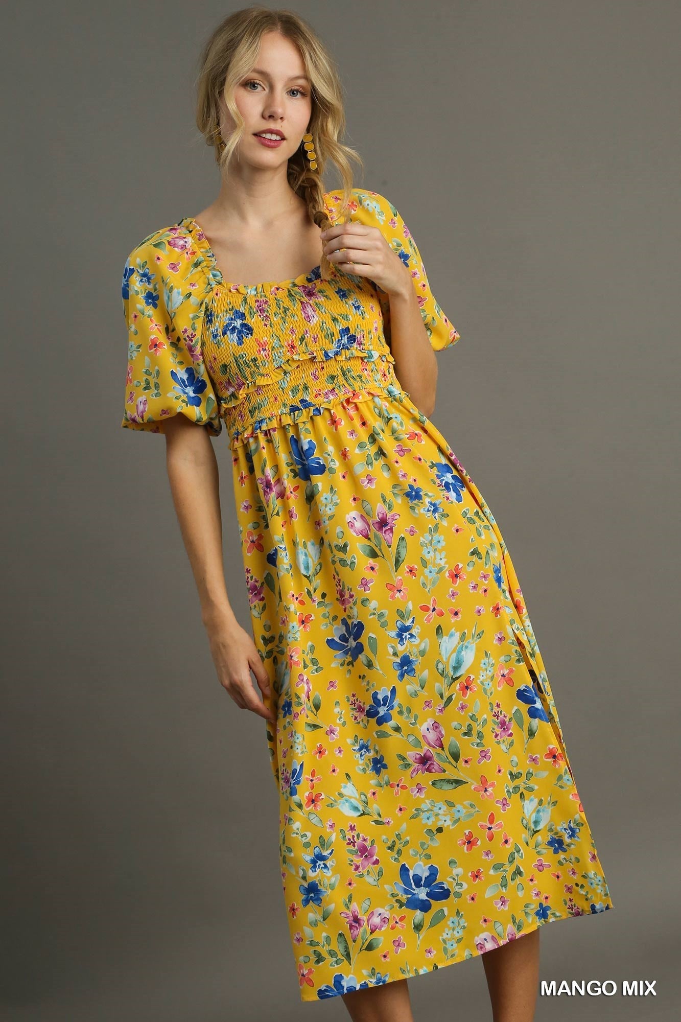 Floral Print 3/4 Puff Sleeve Smocked Detail Maxi Dress with Side Slit
