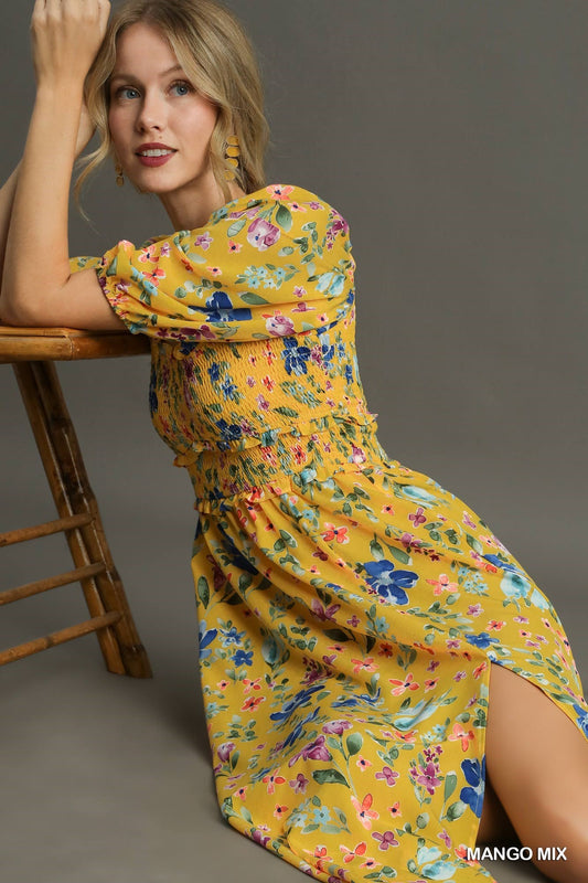 Floral Print 3/4 Puff Sleeve Smocked Detail Maxi Dress with Side Slit