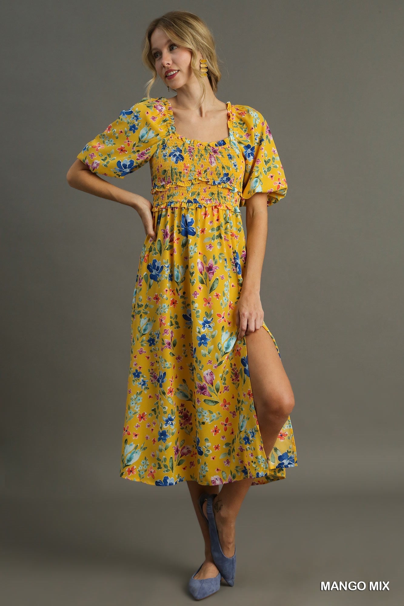 Floral Print 3/4 Puff Sleeve Smocked Detail Maxi Dress with Side Slit