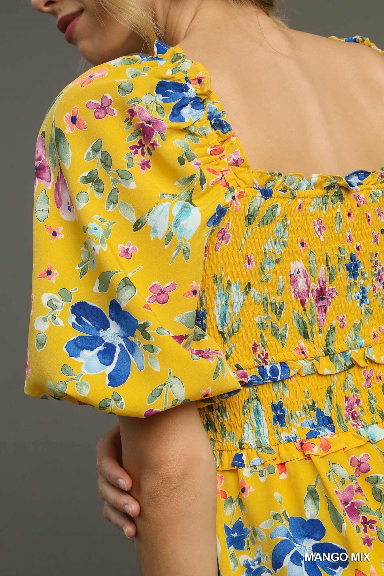 Floral Print 3/4 Puff Sleeve Smocked Detail Maxi Dress with Side Slit