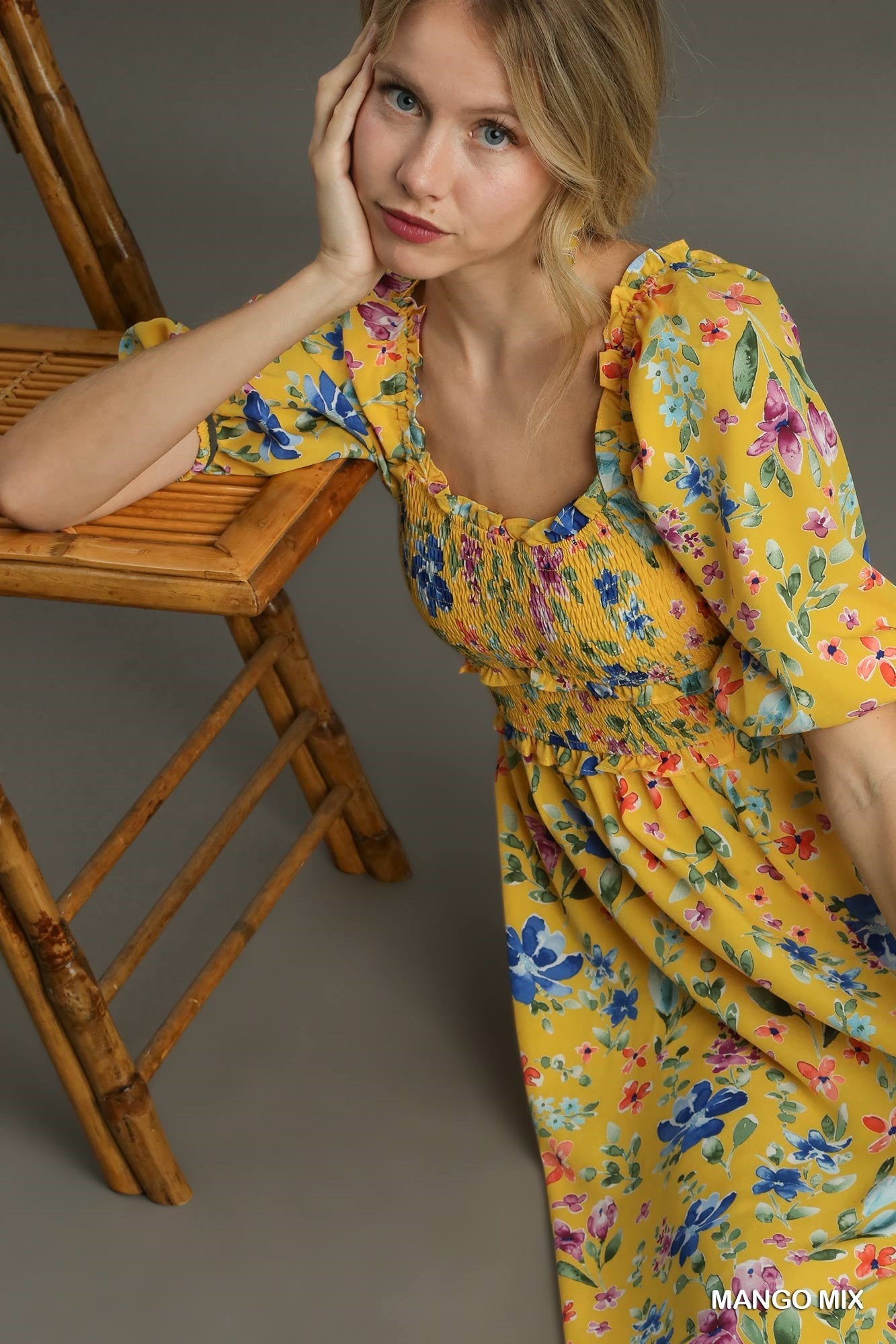 Floral Print 3/4 Puff Sleeve Smocked Detail Maxi Dress with Side Slit
