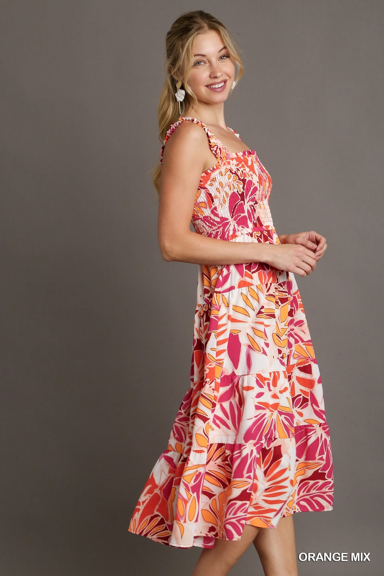 Tropical Print Smocked Tiered A-Line Dress with Elastic Strap Sleeves.