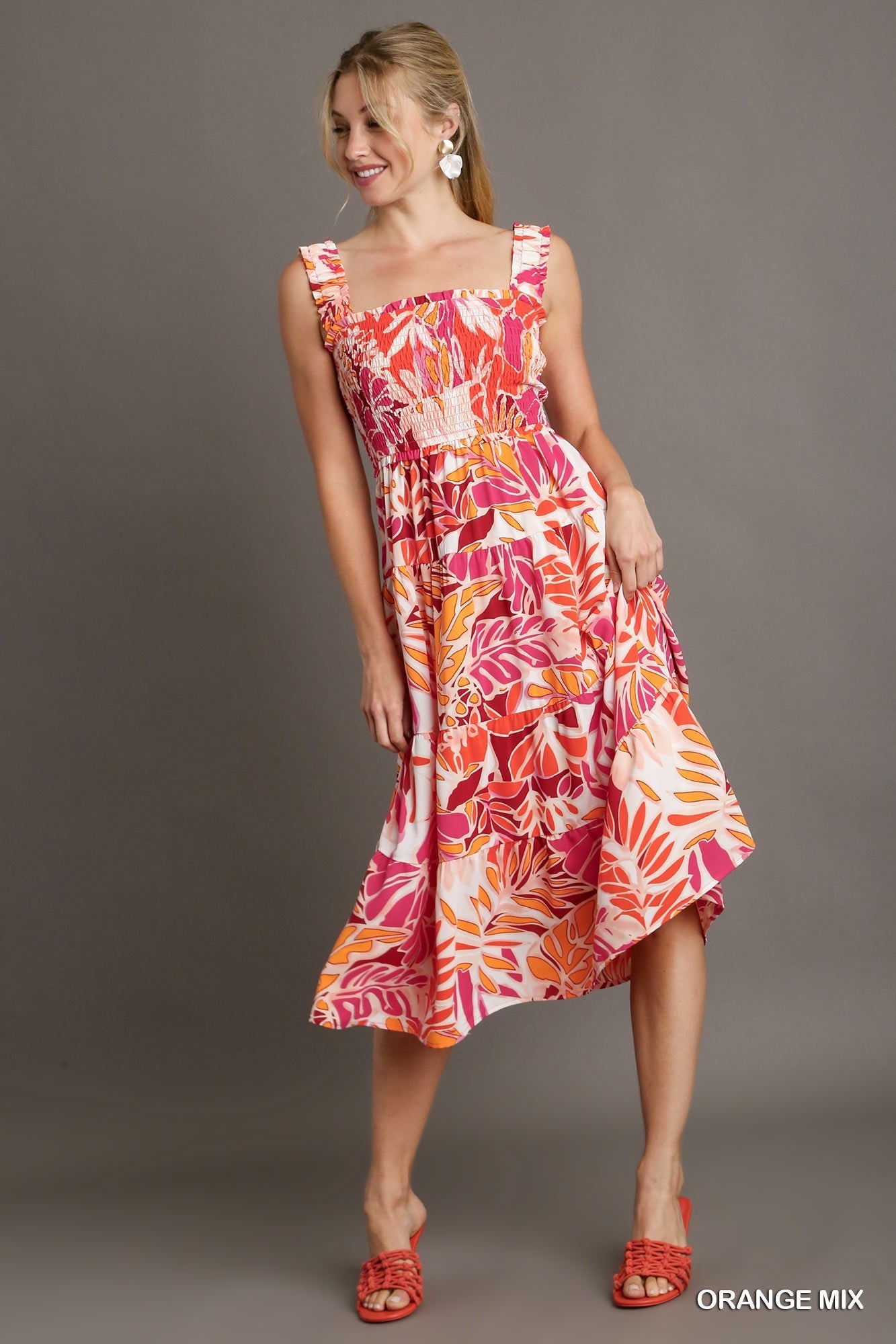 Tropical Print Smocked Tiered A-Line Dress with Elastic Strap Sleeves.