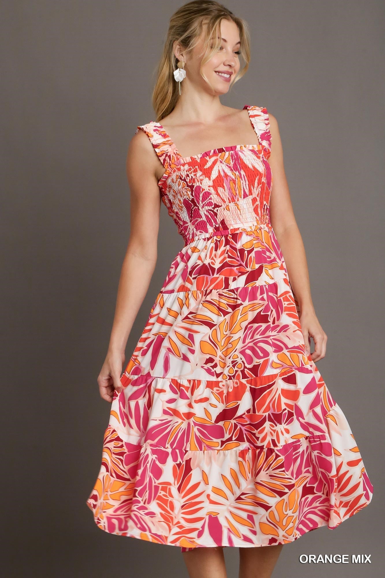 Tropical Print Smocked Tiered A-Line Dress with Elastic Strap Sleeves.