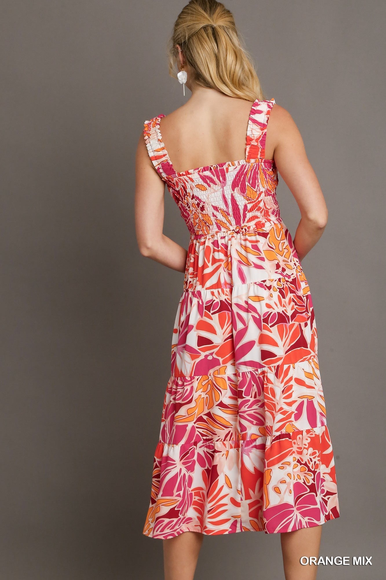 Tropical Print Smocked Tiered A-Line Dress with Elastic Strap Sleeves.