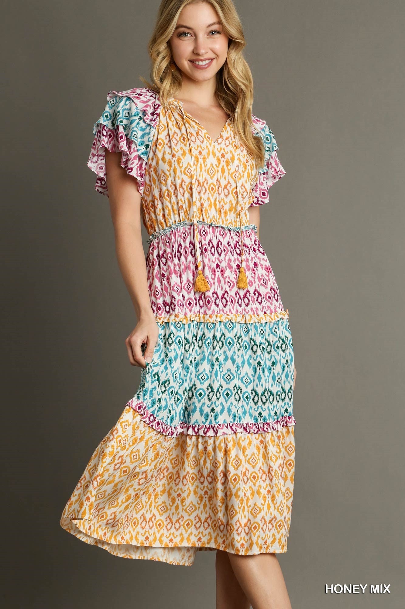 Mixed Aztec Print Midi Dress with Tassel Front Tie & Ruffle Sleeves.