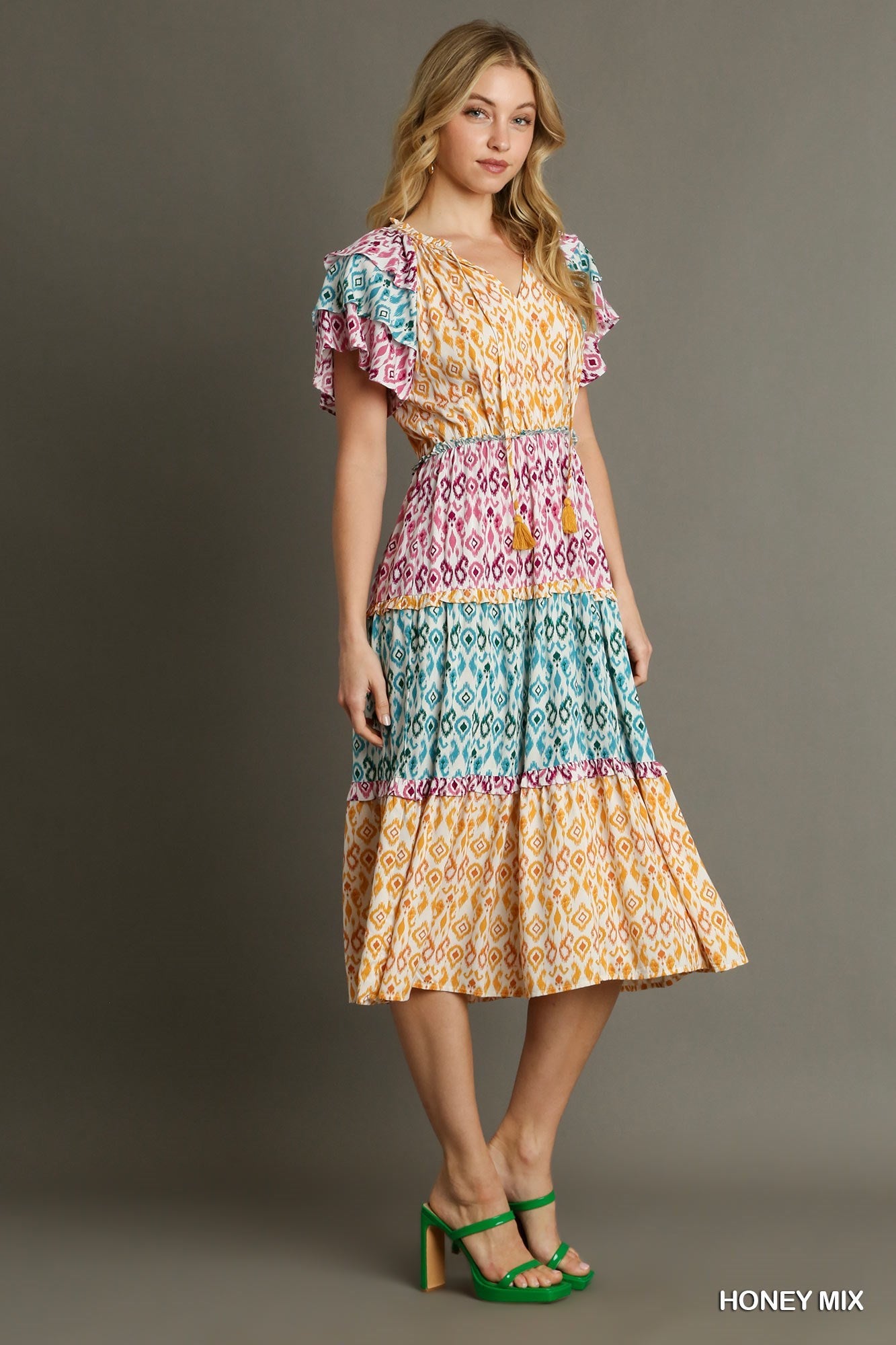 Mixed Aztec Print Midi Dress with Tassel Front Tie & Ruffle Sleeves.