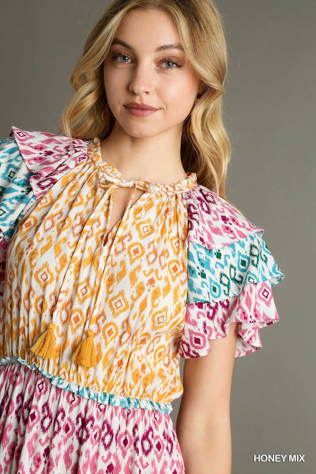 Mixed Aztec Print Midi Dress with Tassel Front Tie & Ruffle Sleeves.