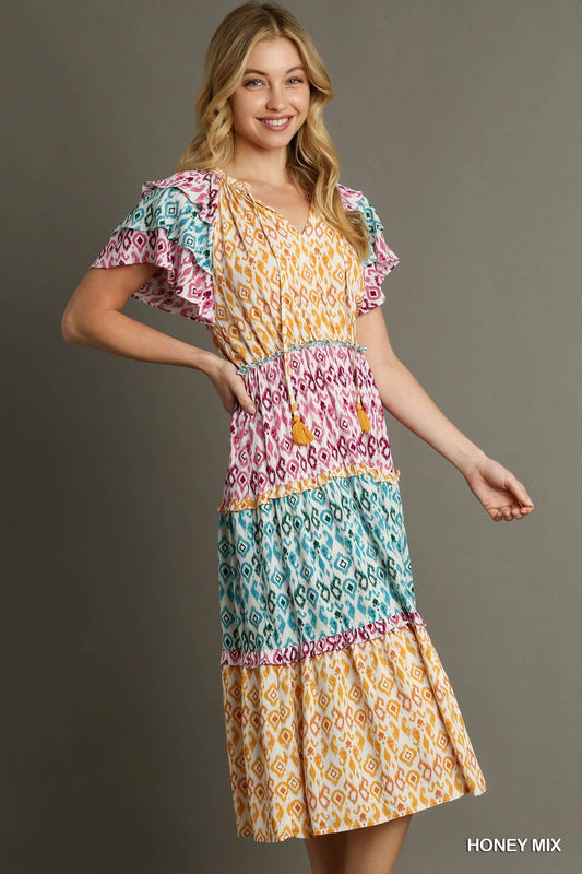 Mixed Aztec Print Midi Dress with Tassel Front Tie & Ruffle Sleeves.