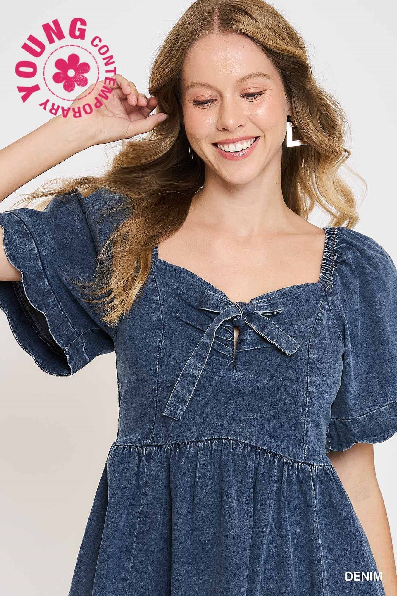 Denim Mini Dress with Scalloped Sleeves