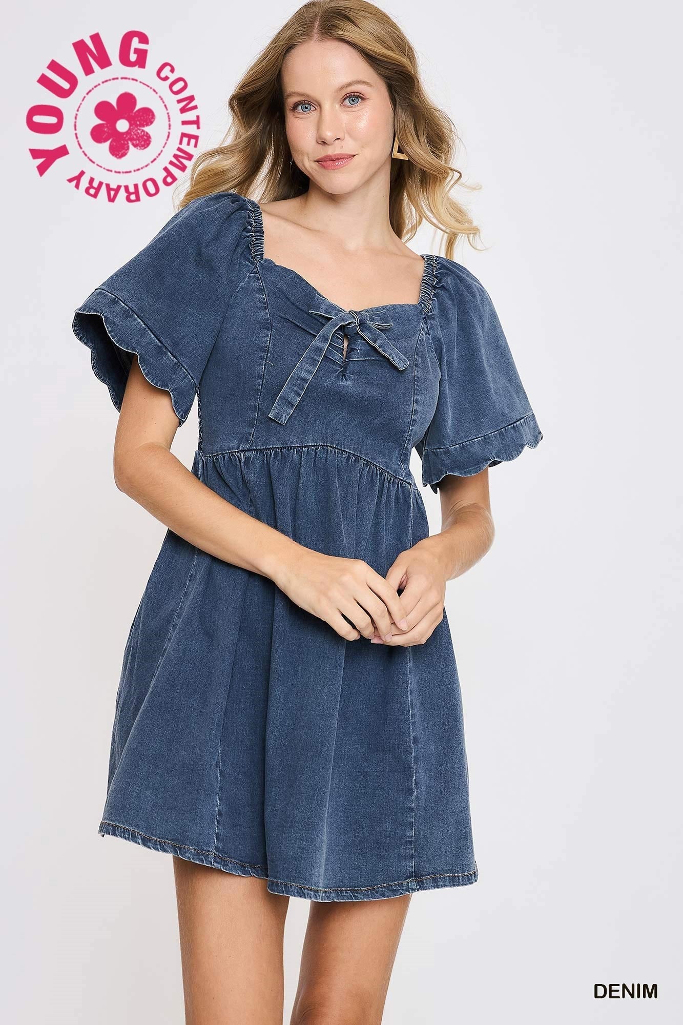 Denim Mini Dress with Scalloped Sleeves