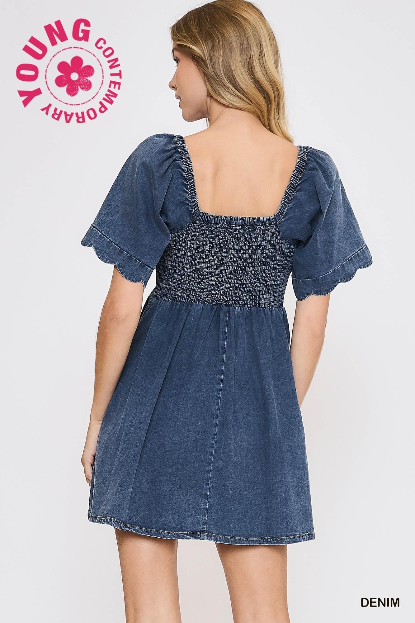 Denim Mini Dress with Scalloped Sleeves