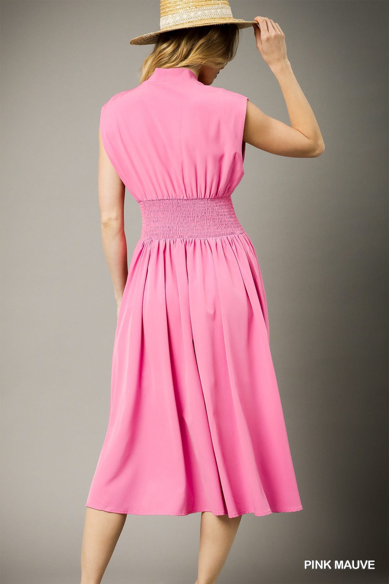 Zip Front Smocked Waist Midi Dress
