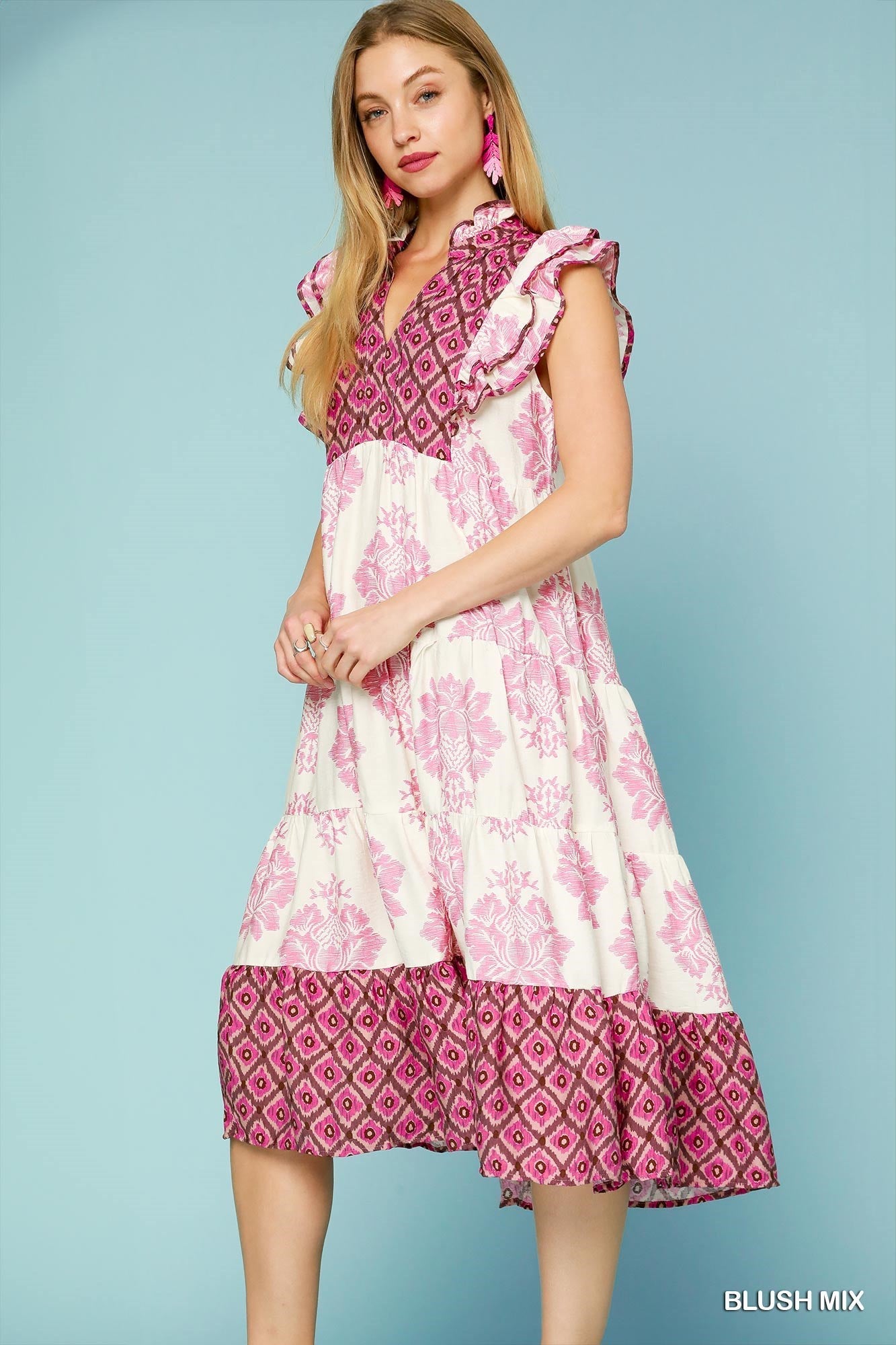 Ruffle Sleeve Mixed Print Midi Dress