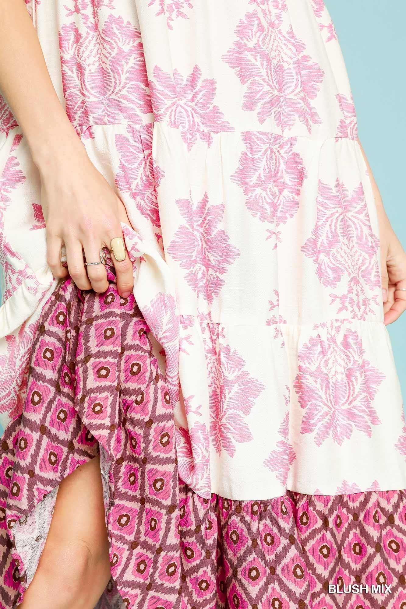 Ruffle Sleeve Mixed Print Midi Dress