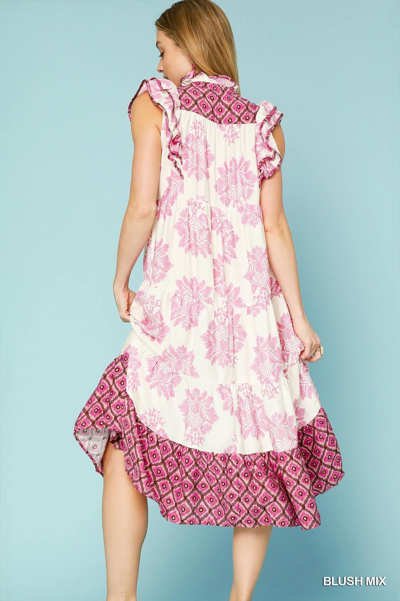 Ruffle Sleeve Mixed Print Midi Dress