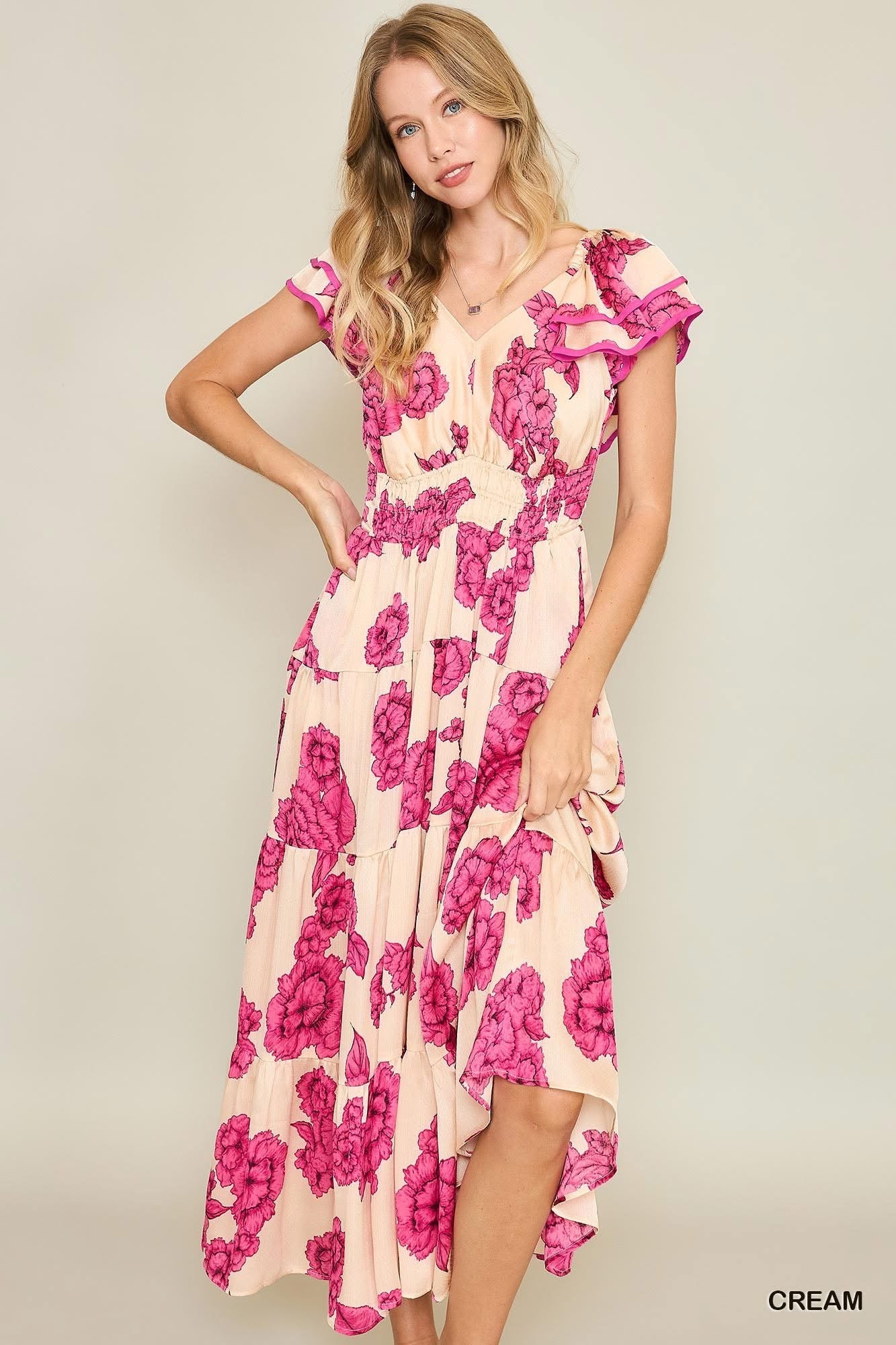 Floral Print Maxi Dress With Tiered Ruffled Sleeves