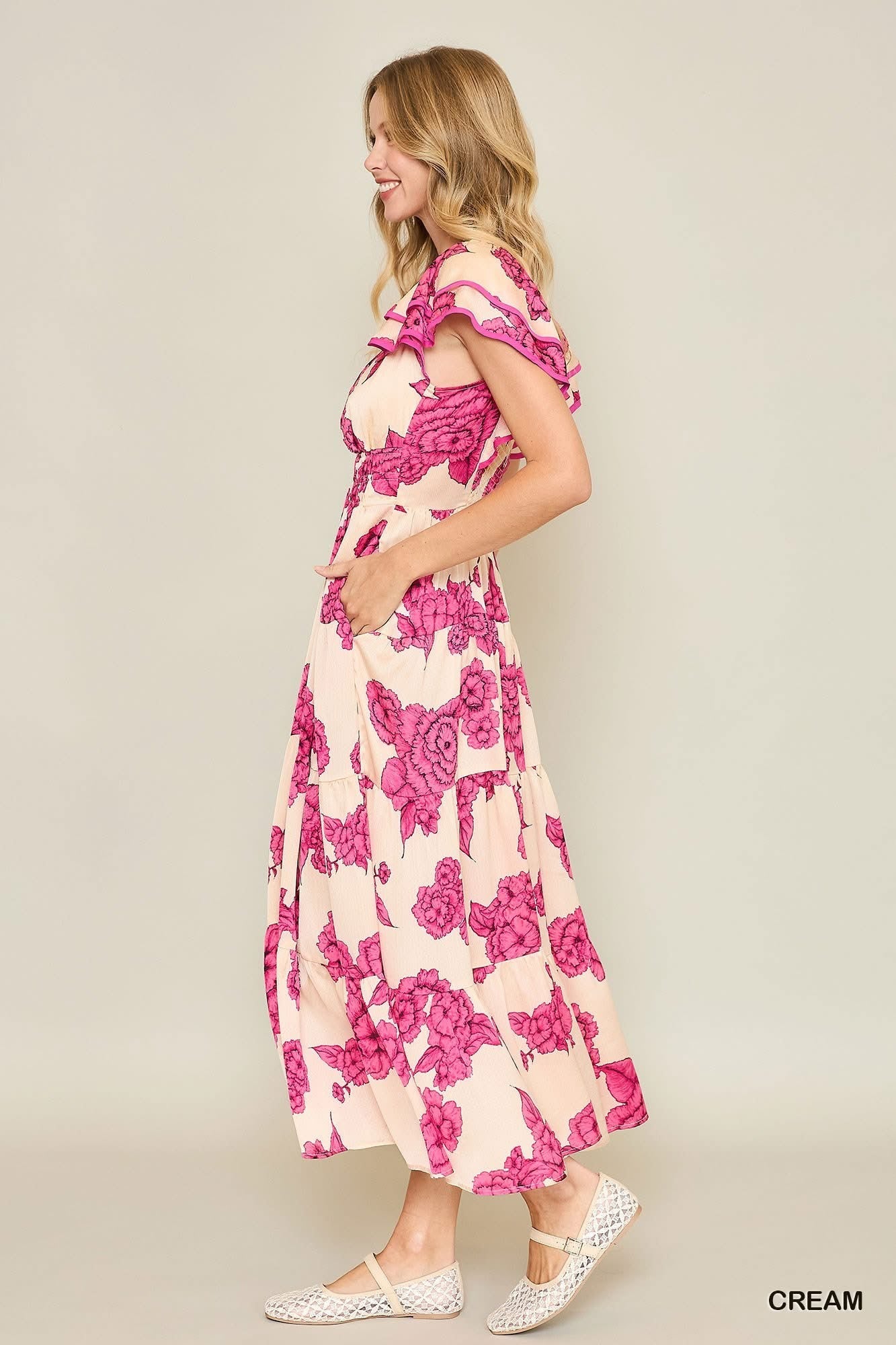 Floral Print Maxi Dress With Tiered Ruffled Sleeves