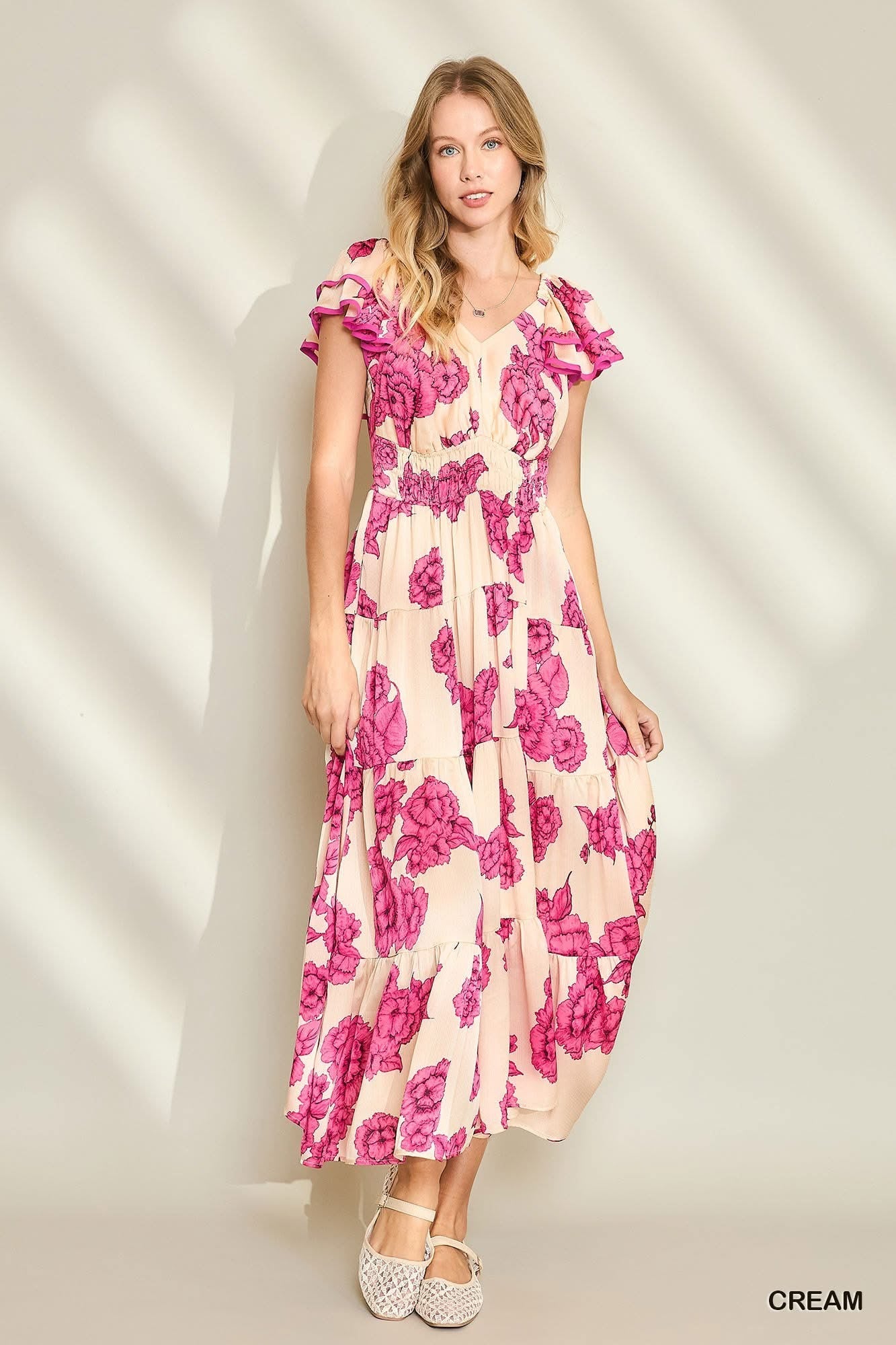 Floral Print Maxi Dress With Tiered Ruffled Sleeves