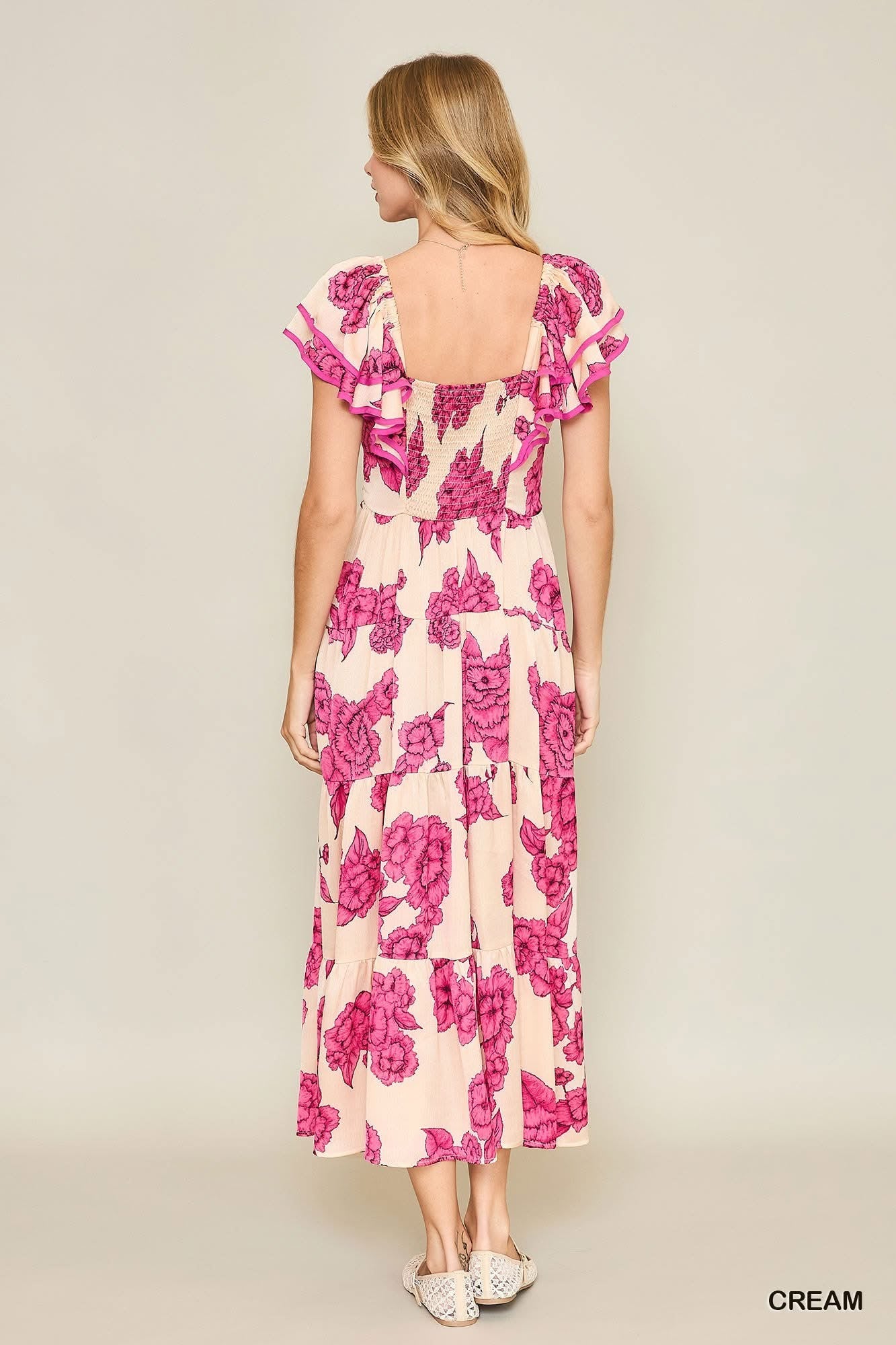 Floral Print Maxi Dress With Tiered Ruffled Sleeves