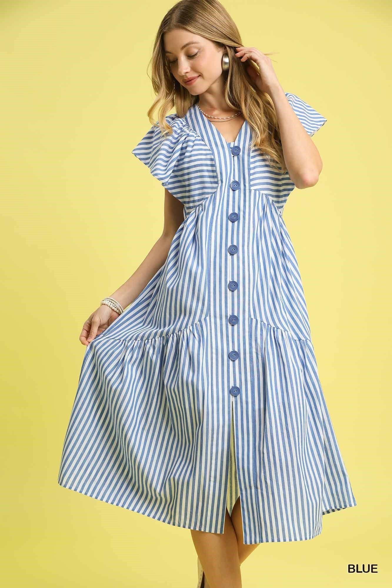 Striped Flutter Sleeve Button-Down Dress