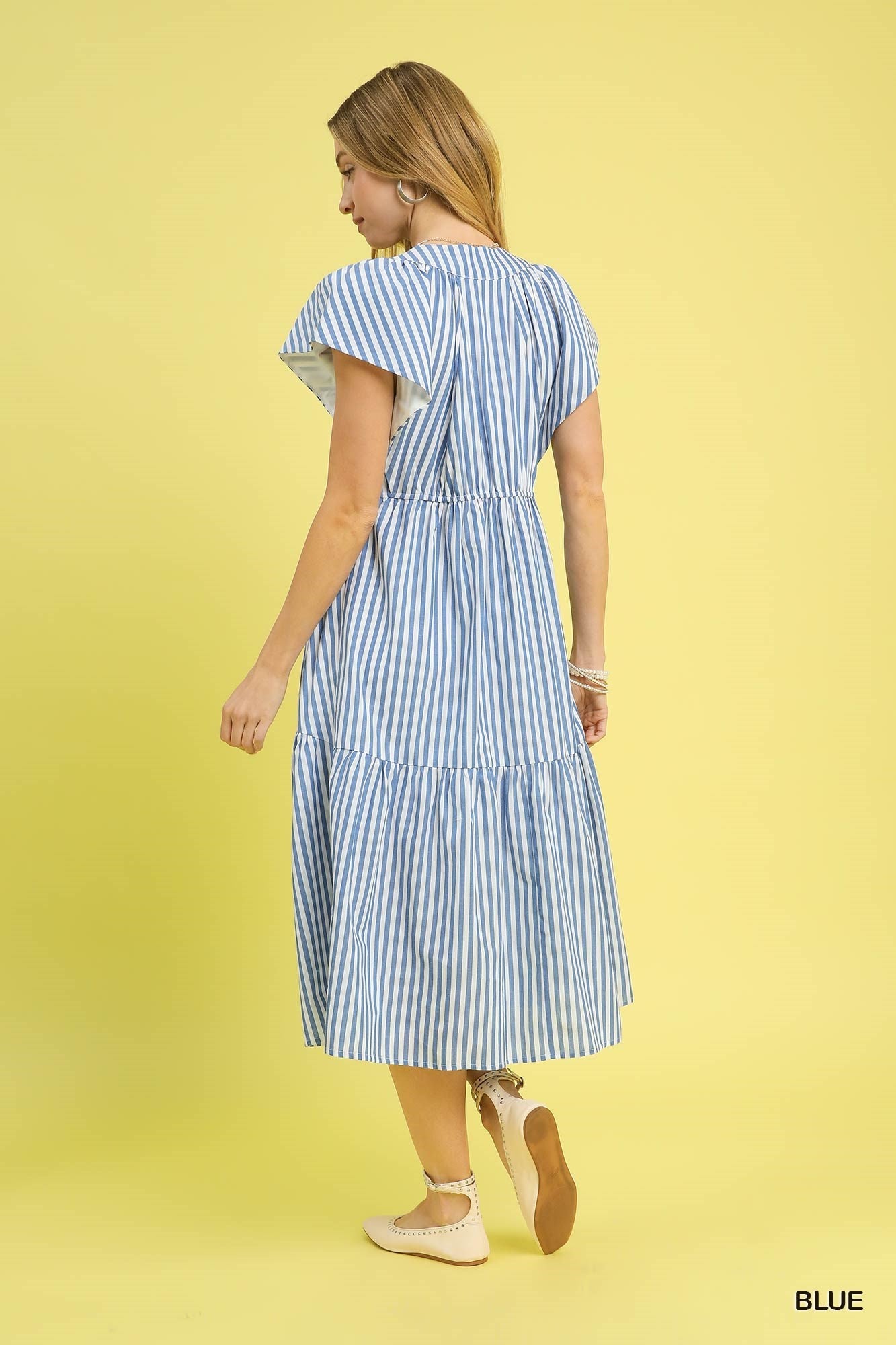 Striped Flutter Sleeve Button-Down Dress