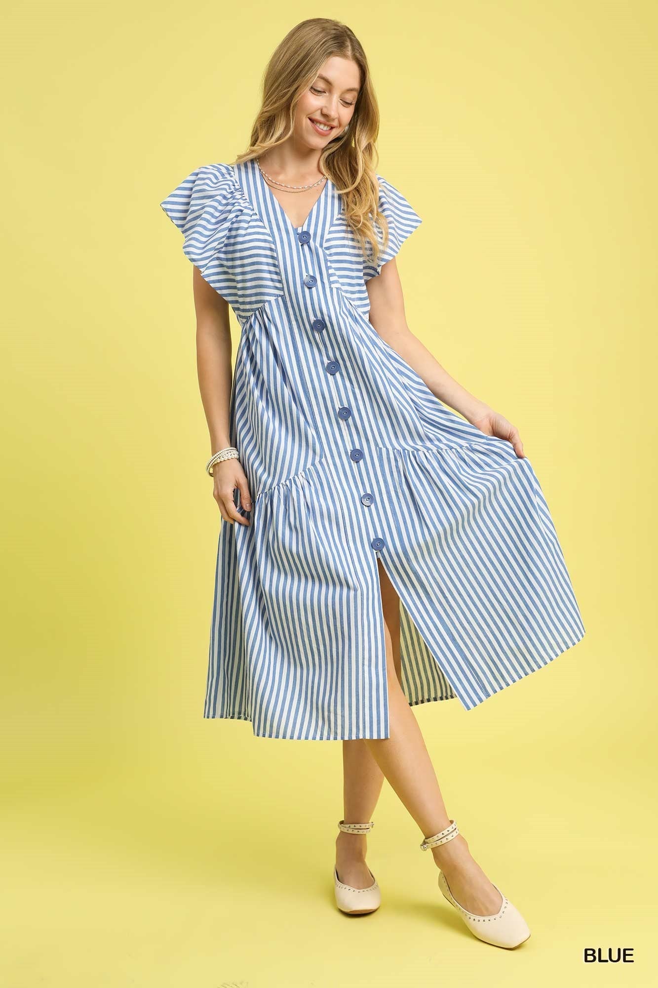 Striped Flutter Sleeve Button-Down Dress