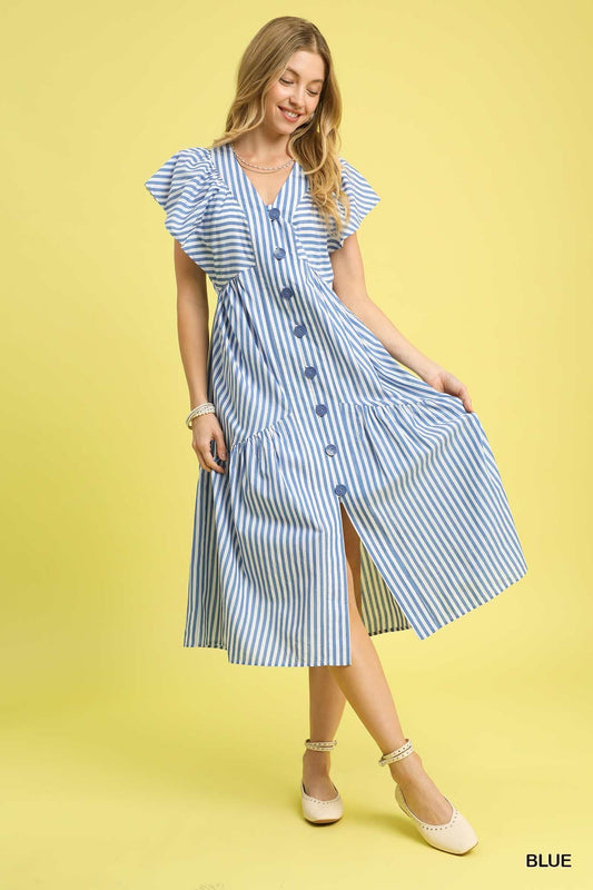 Striped Flutter Sleeve Button-Down Dress
