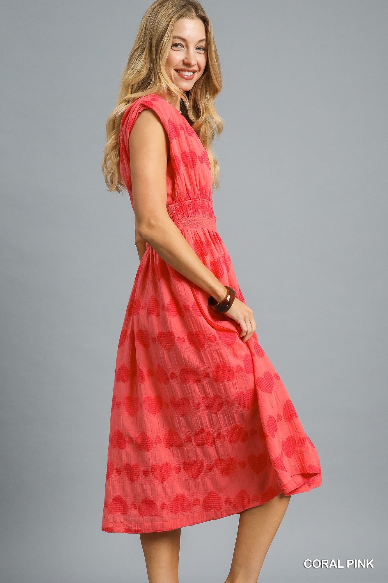 Smocked Waist Heart Print Midi Dress