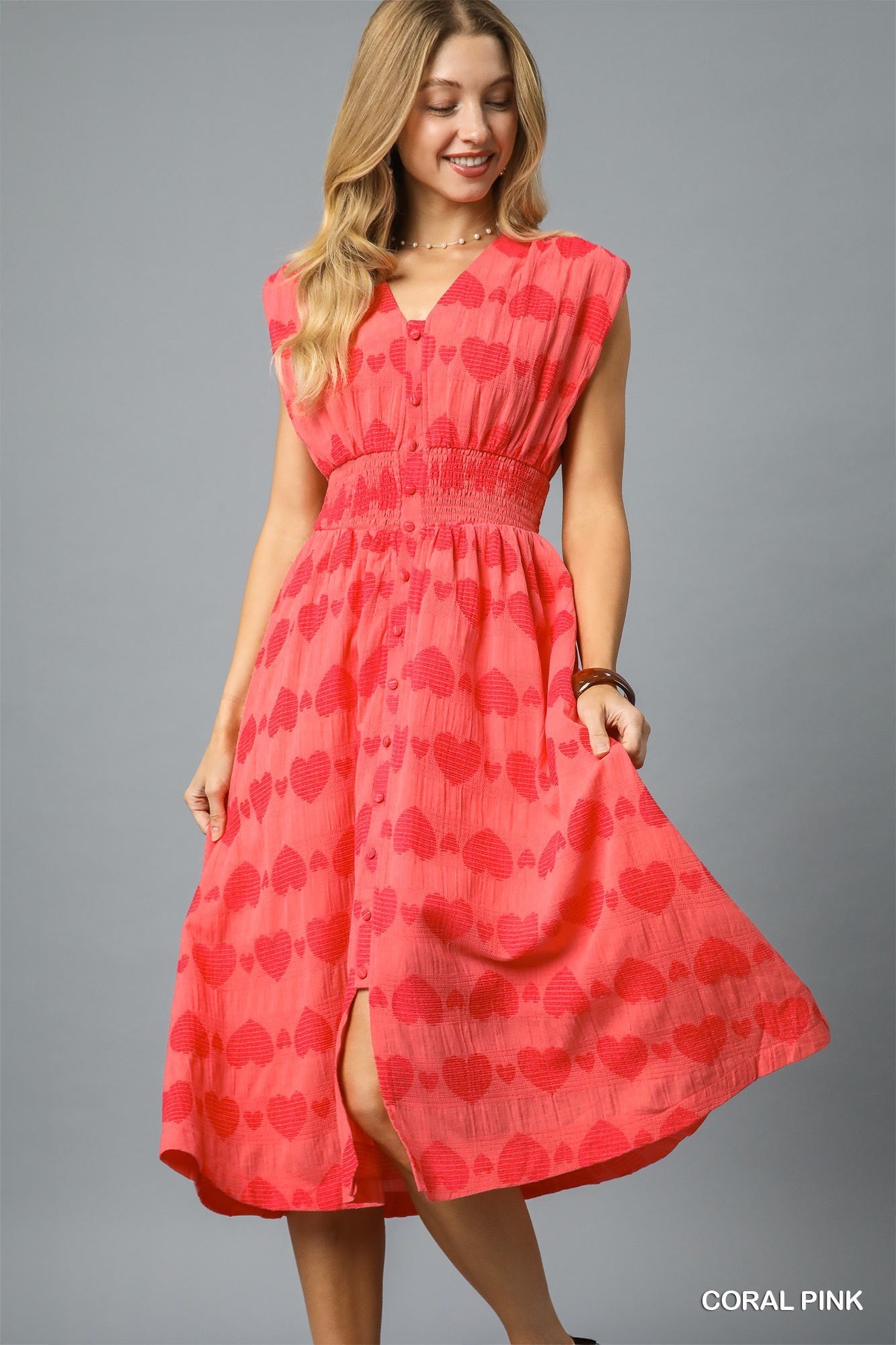 Smocked Waist Heart Print Midi Dress