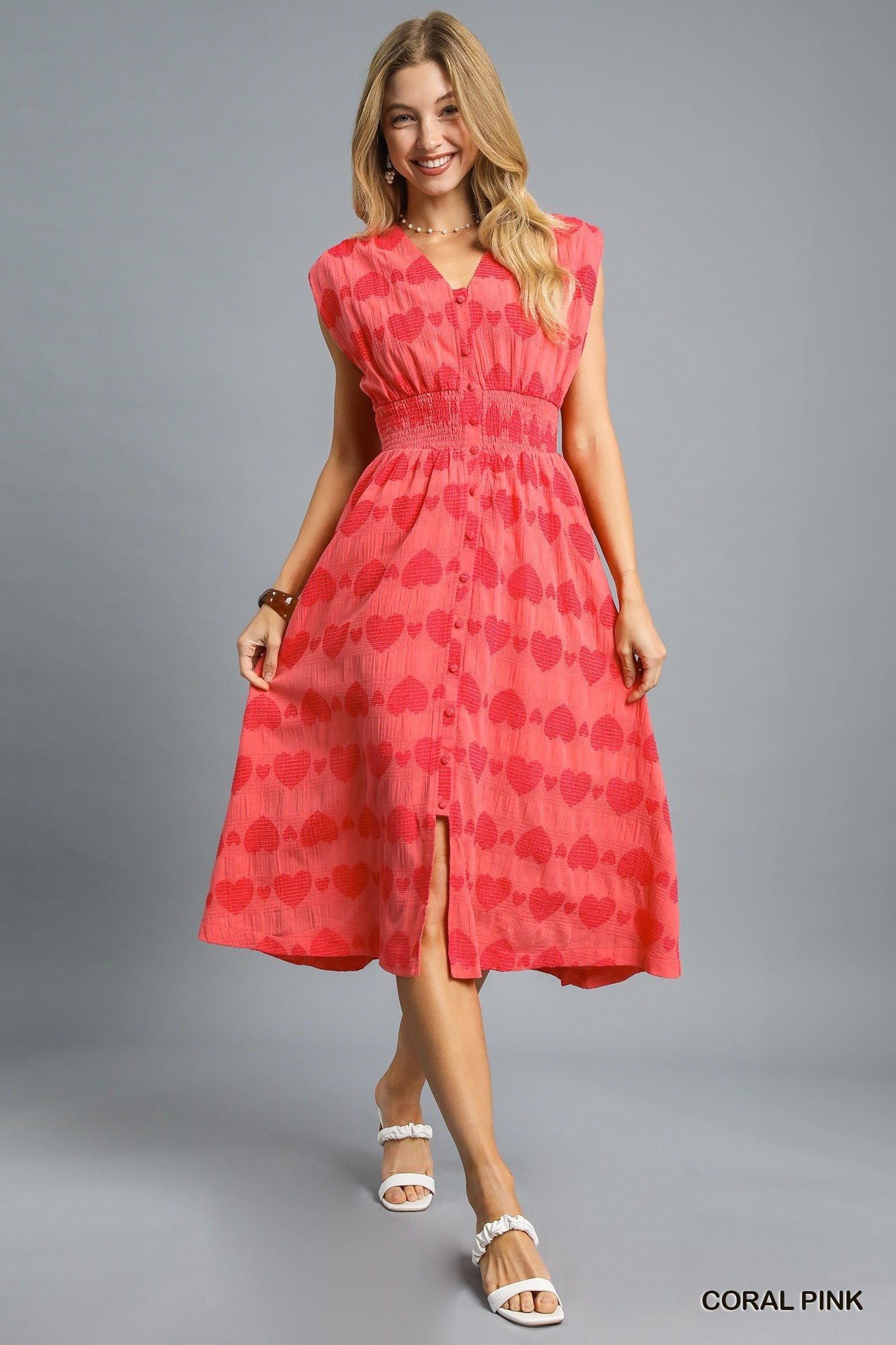 Smocked Waist Heart Print Midi Dress