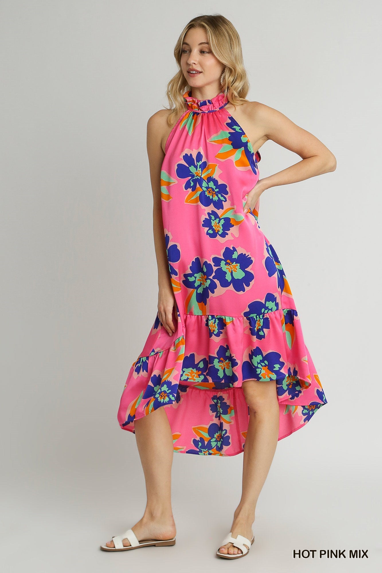 Floral Print Sleeveless Halter Neck Midi Dress