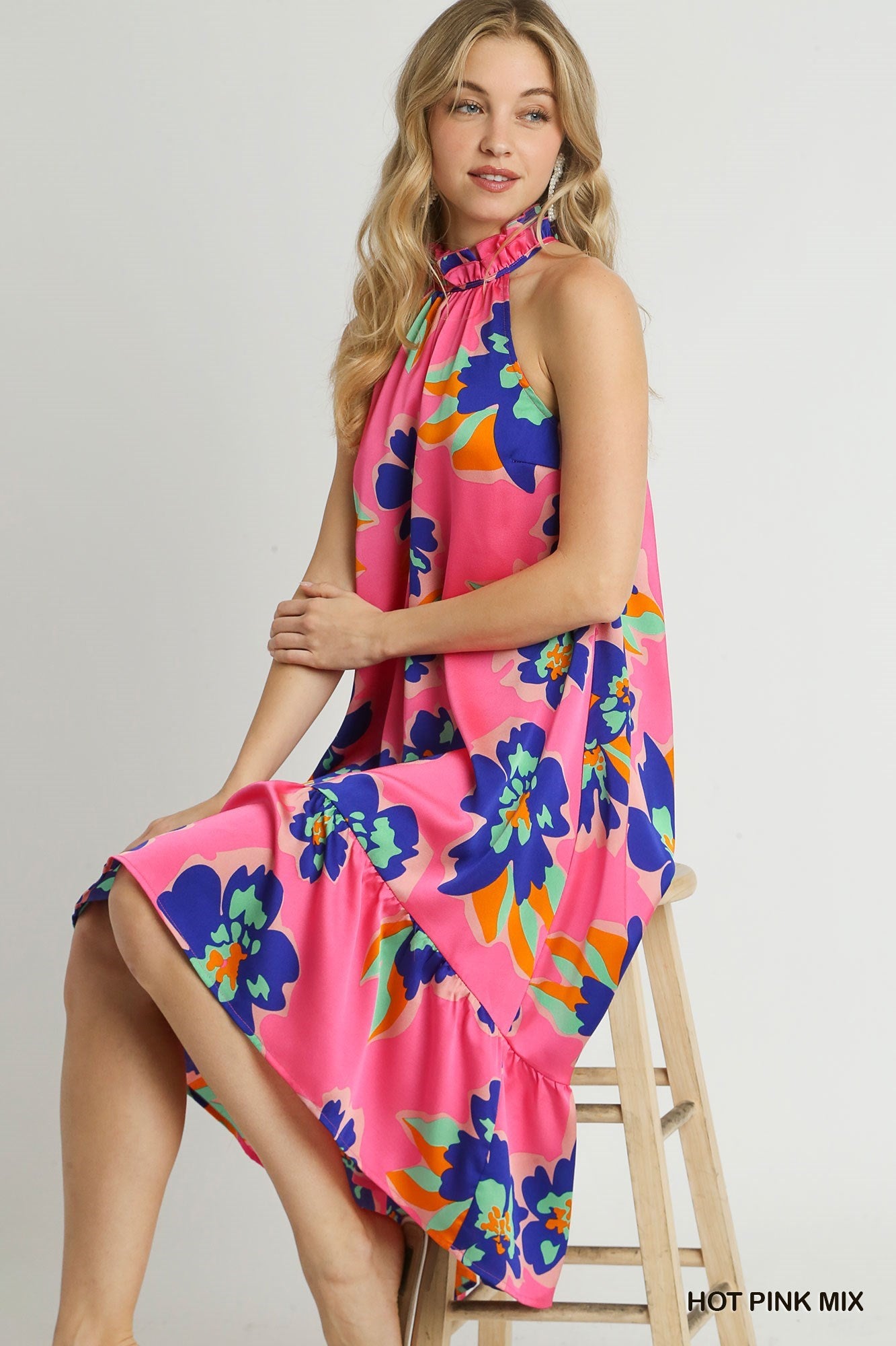 Floral Print Sleeveless Halter Neck Midi Dress