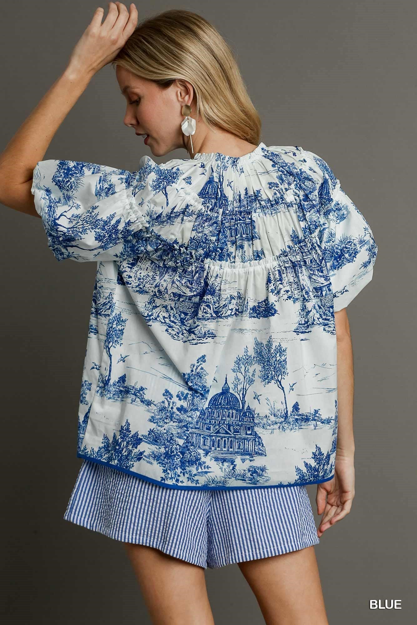 Toile Print Puff Sleeve Blouse