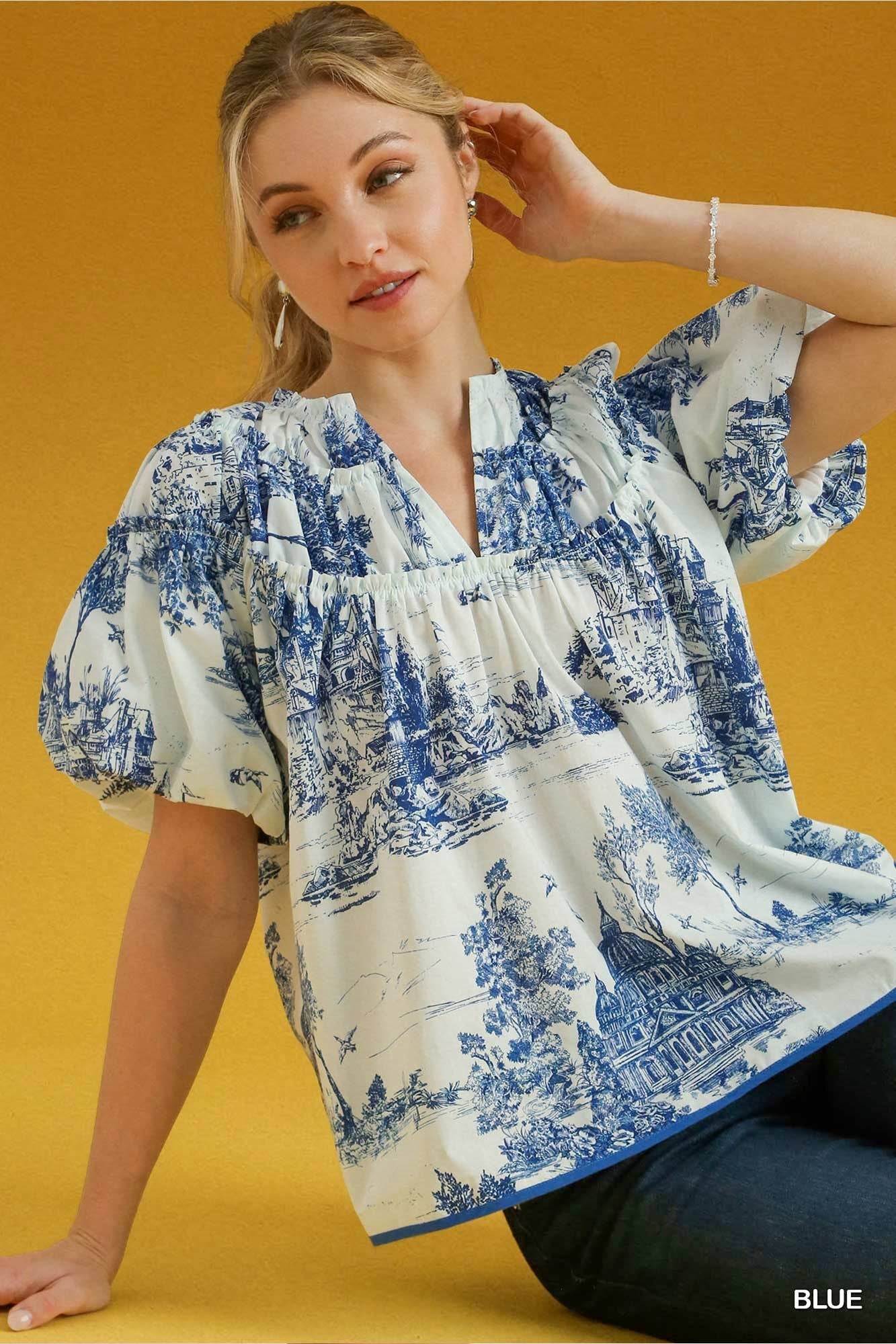 Toile Print Puff Sleeve Blouse