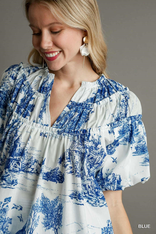 Toile Print Puff Sleeve Blouse