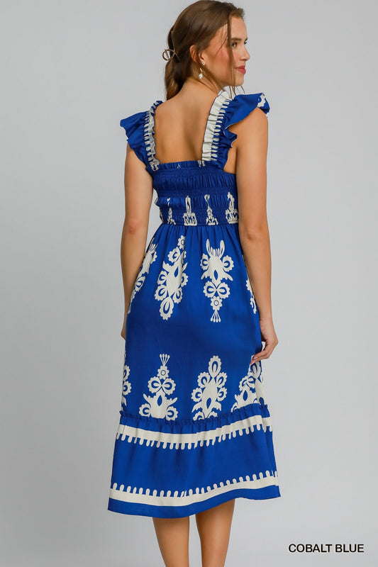 Boho Embroidered Smocked Midi Dress