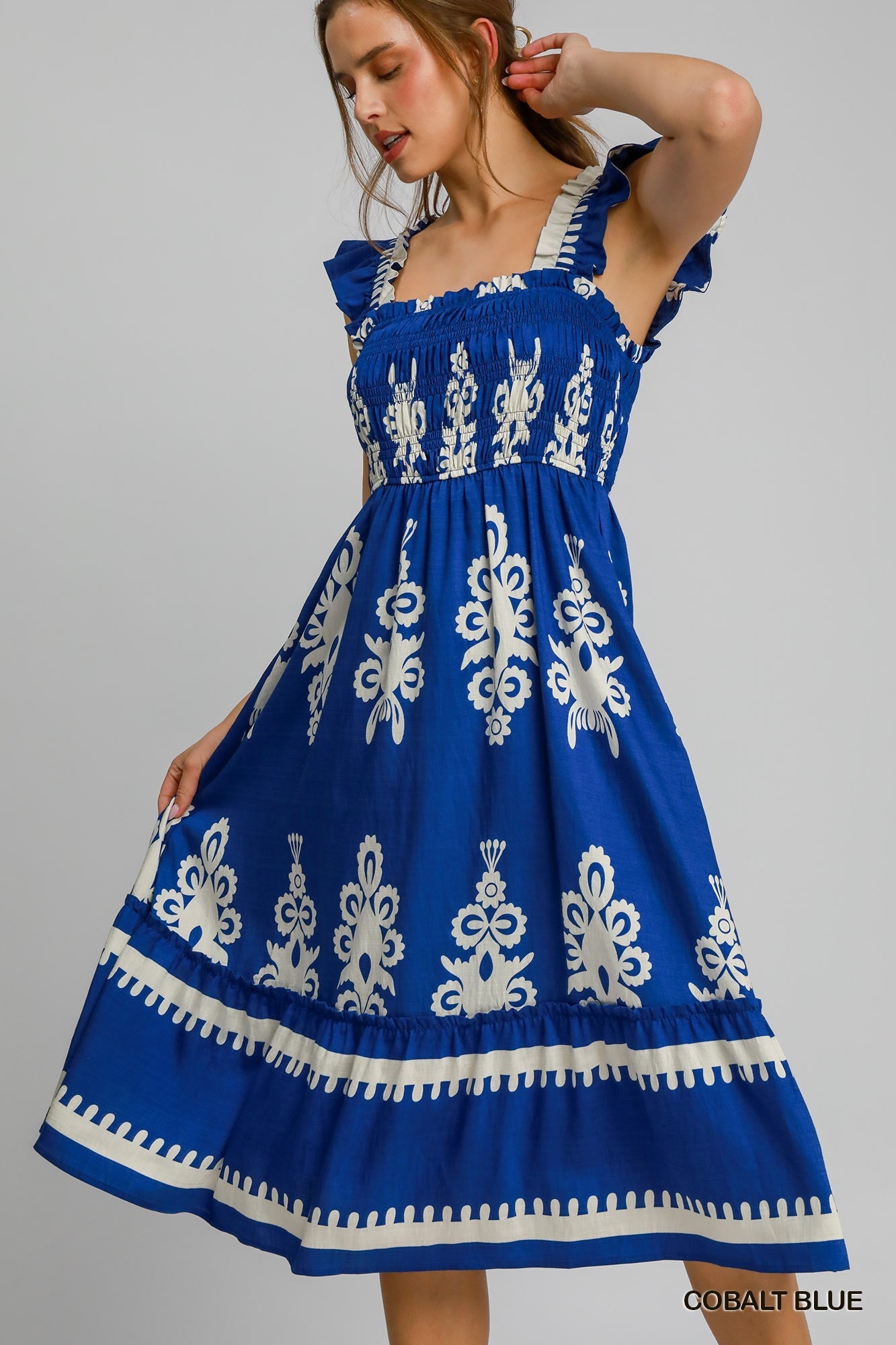 Boho Embroidered Smocked Midi Dress