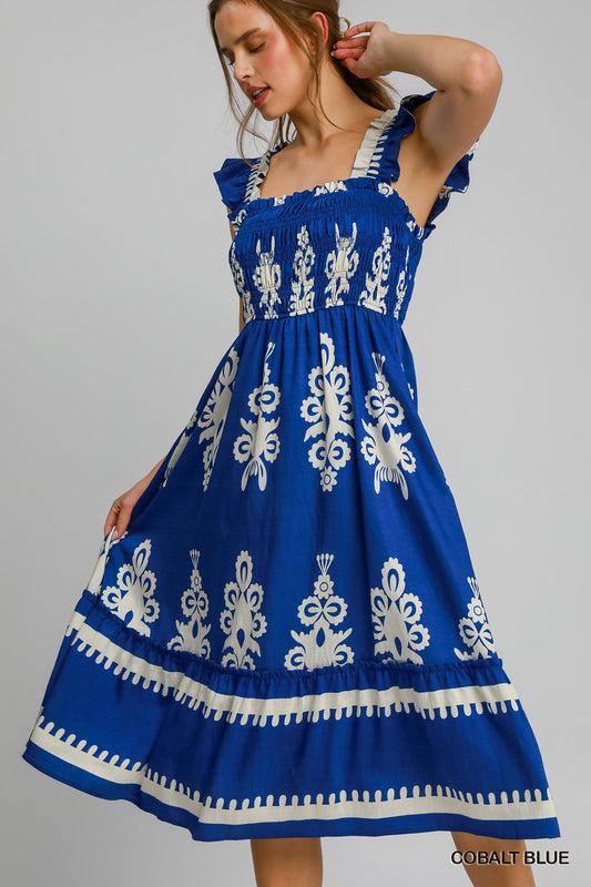 Boho Embroidered Smocked Midi Dress