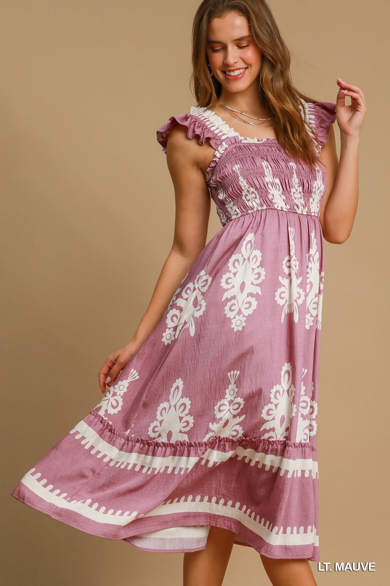 Boho Embroidered Smocked Midi Dress