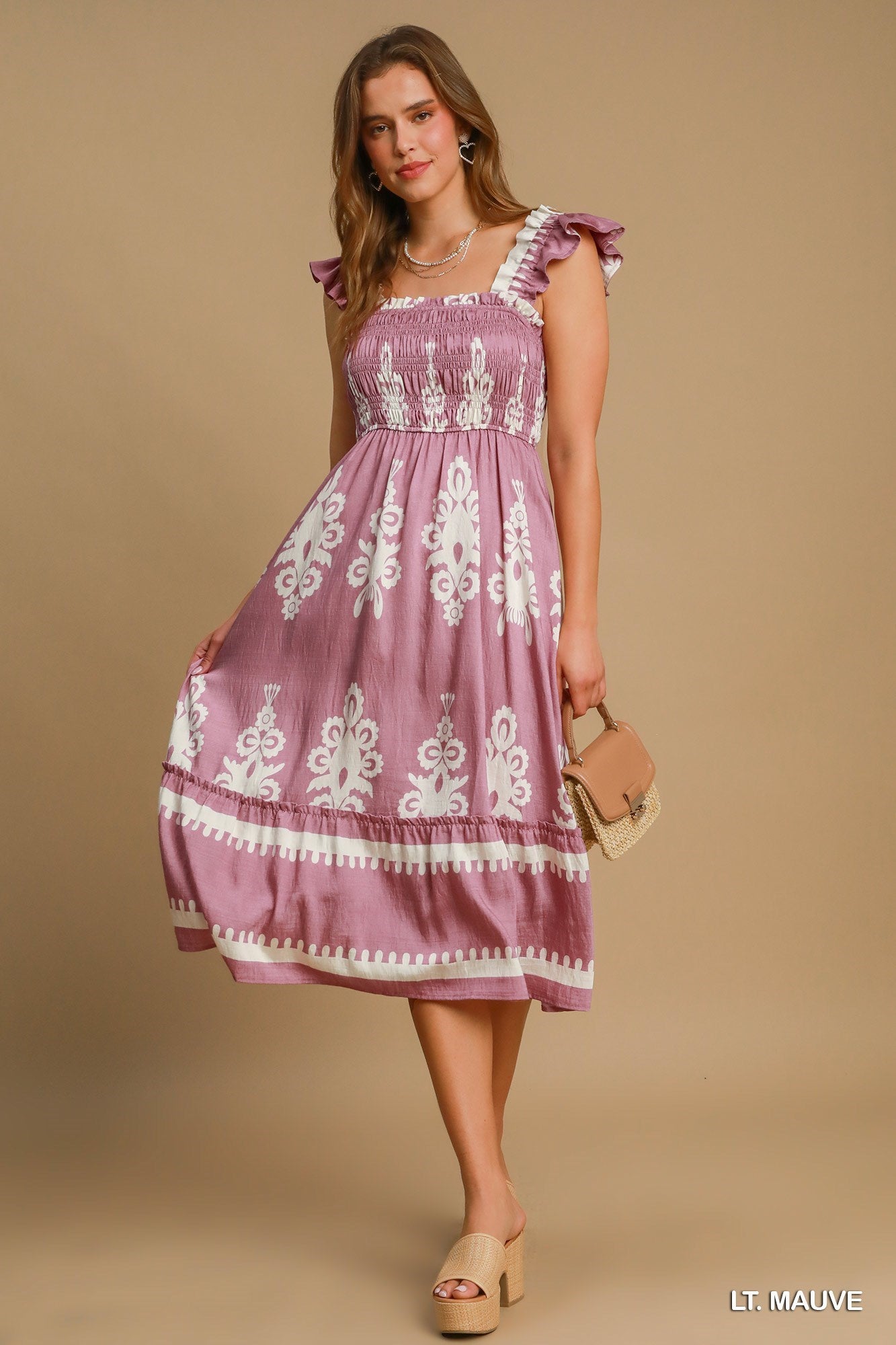 Boho Embroidered Smocked Midi Dress