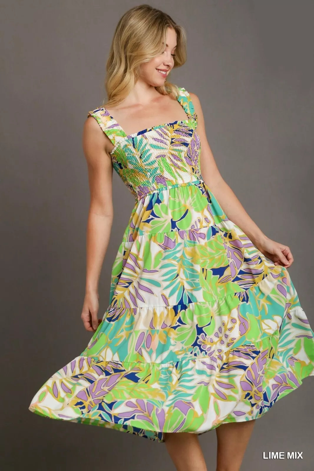 Tropical Print Smocked Tiered A-Line Dress with Elastic Strap Sleeves.