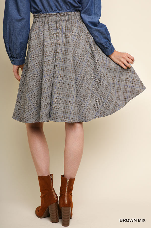 High Waisted Plaid Print A-Line Midi Skirt with an Elastic Waistband