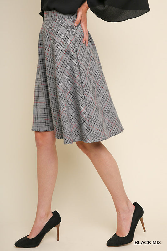 High Waisted Plaid Print A-Line Midi Skirt with an Elastic Waistband
