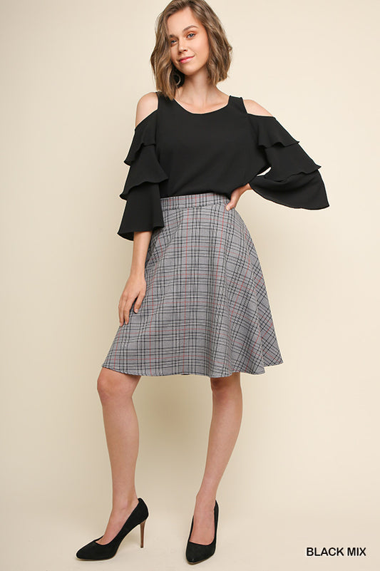 High Waisted Plaid Print A-Line Midi Skirt with an Elastic Waistband